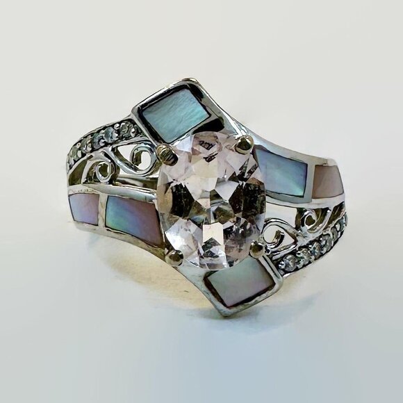 Pink Ring, Rose Quartz, Sterling Silver, Mother of Pearl, Shell, Size 6, Pastel - Picture 1 of 5
